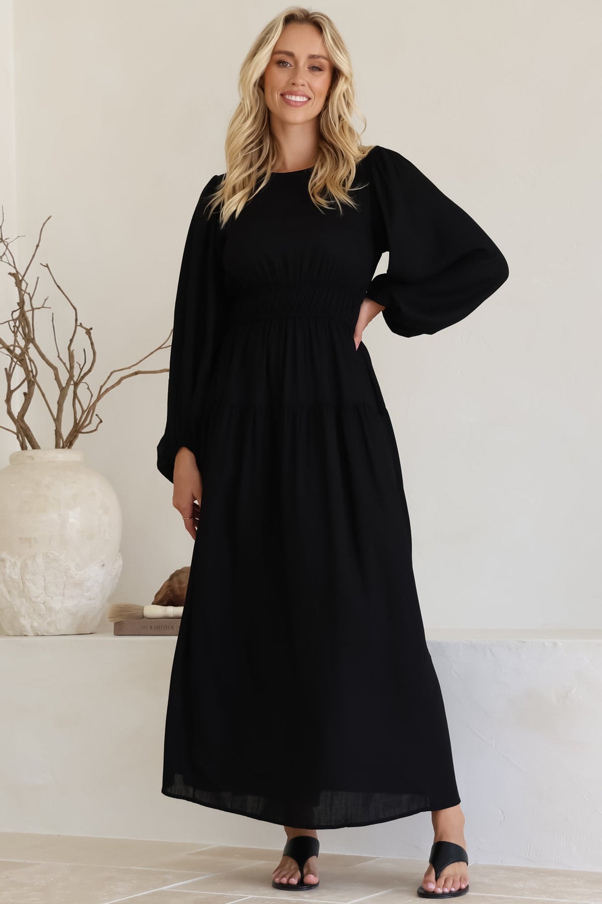 Sheyne Maxi Dress - Long Balloon Sleeve Elasicated Waist A Line Dress in Black