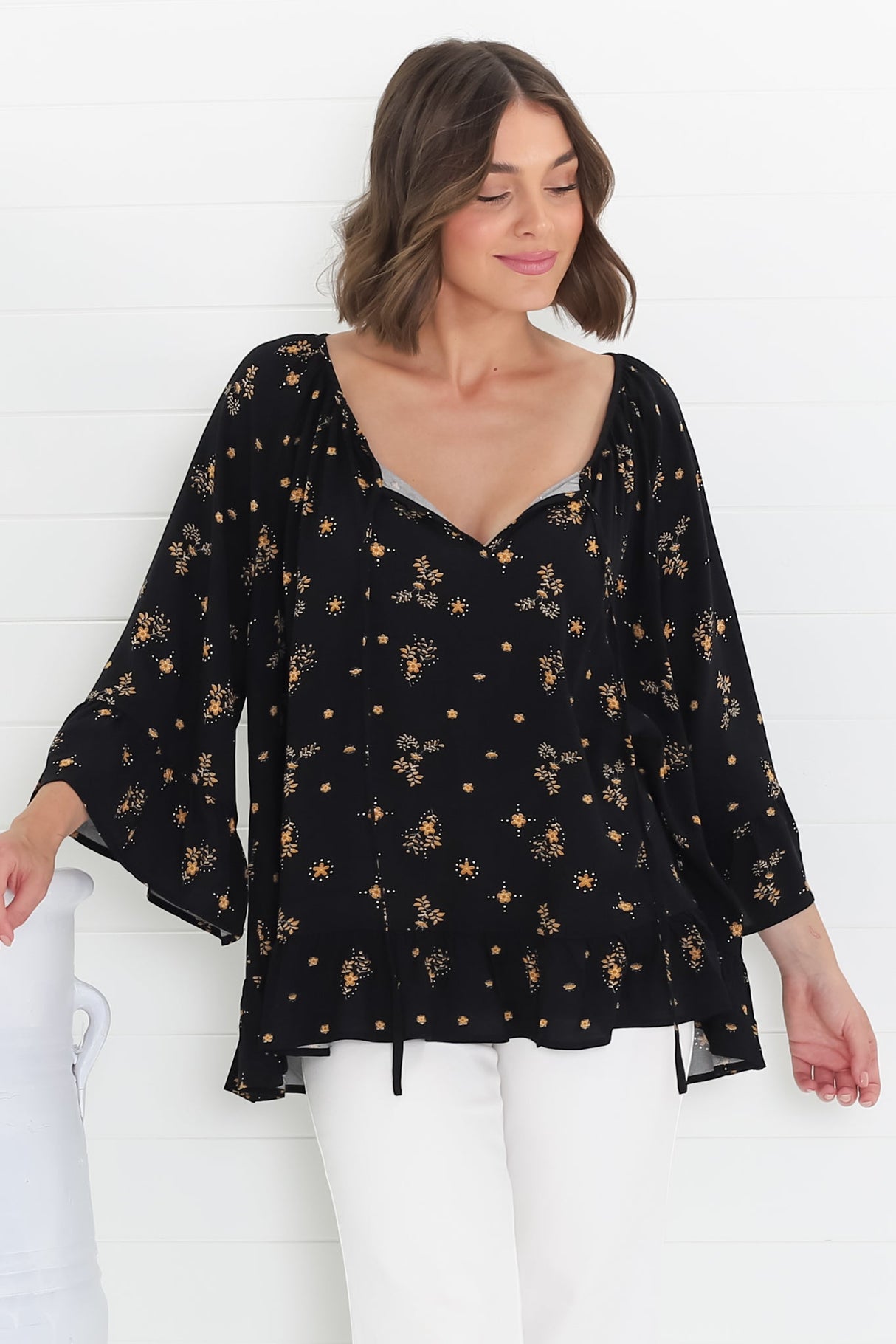 Shilo Top - V-Neck Smock Top with 3/4 Flute Sleeves in Melany Print Black