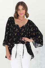 Shilo Top - V-Neck Smock Top with 3/4 Flute Sleeves in Melany Print Black