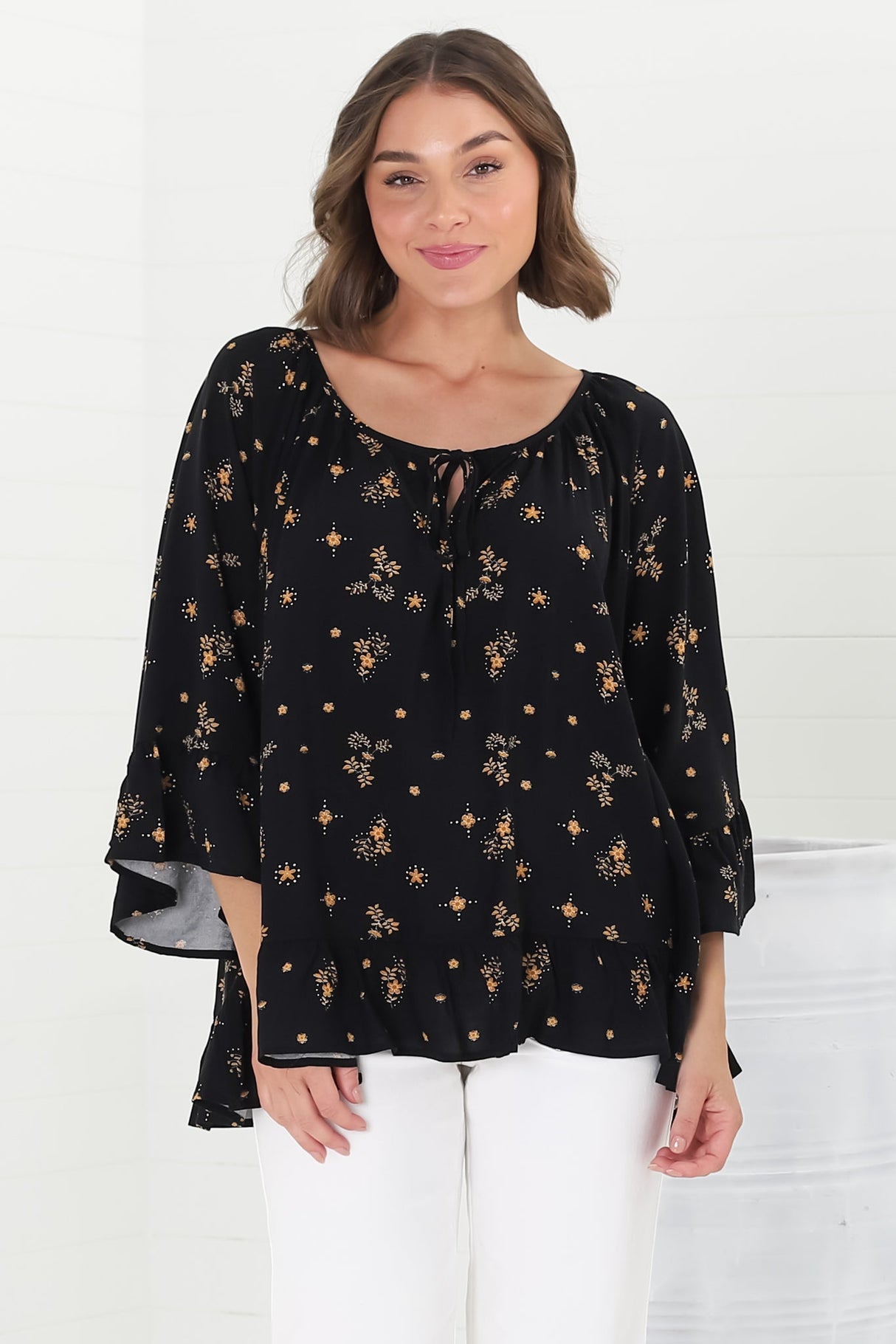 Shilo Top - V-Neck Smock Top with 3/4 Flute Sleeves in Melany Print Black