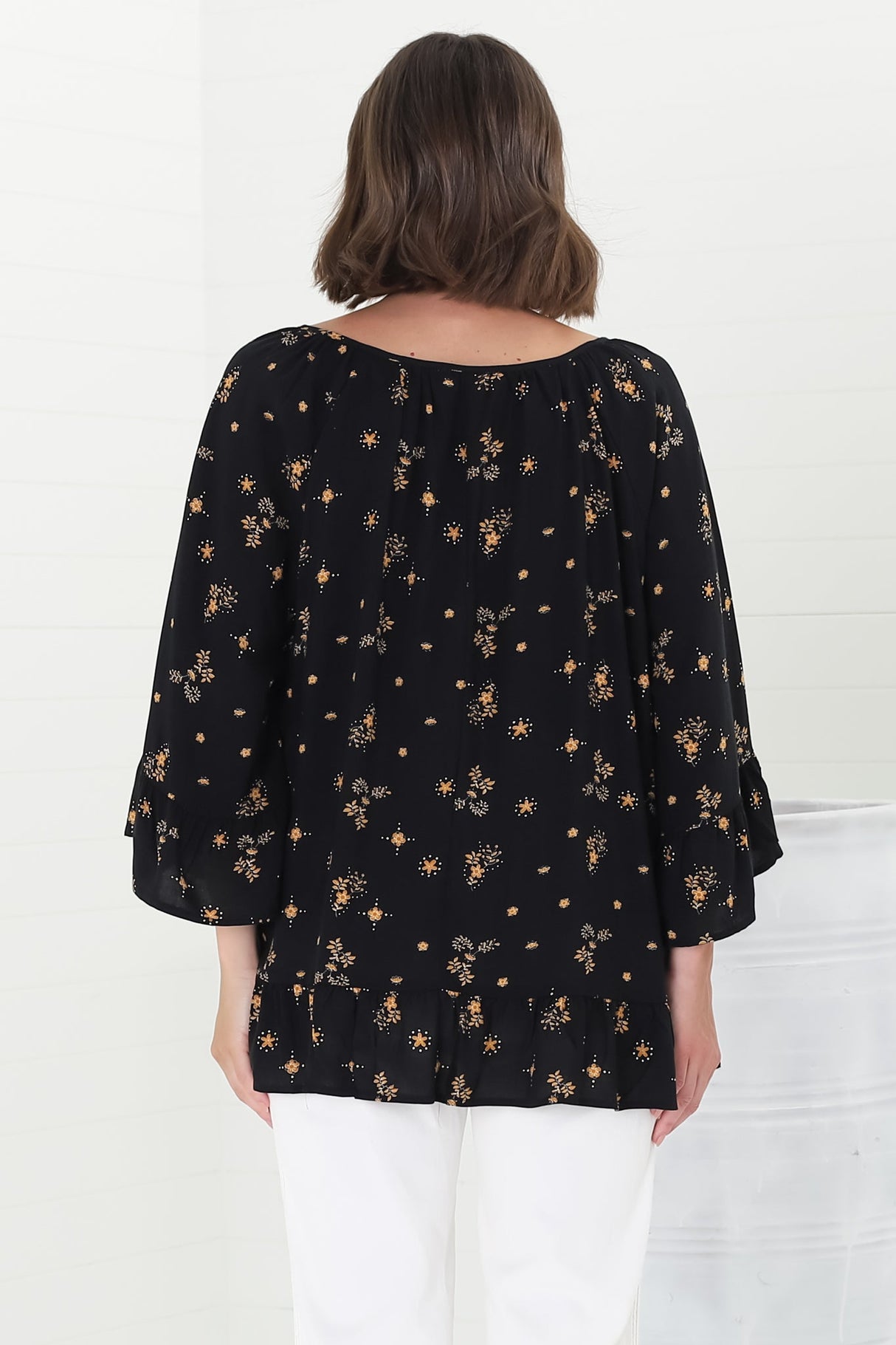 Shilo Top - V-Neck Smock Top with 3/4 Flute Sleeves in Melany Print Black