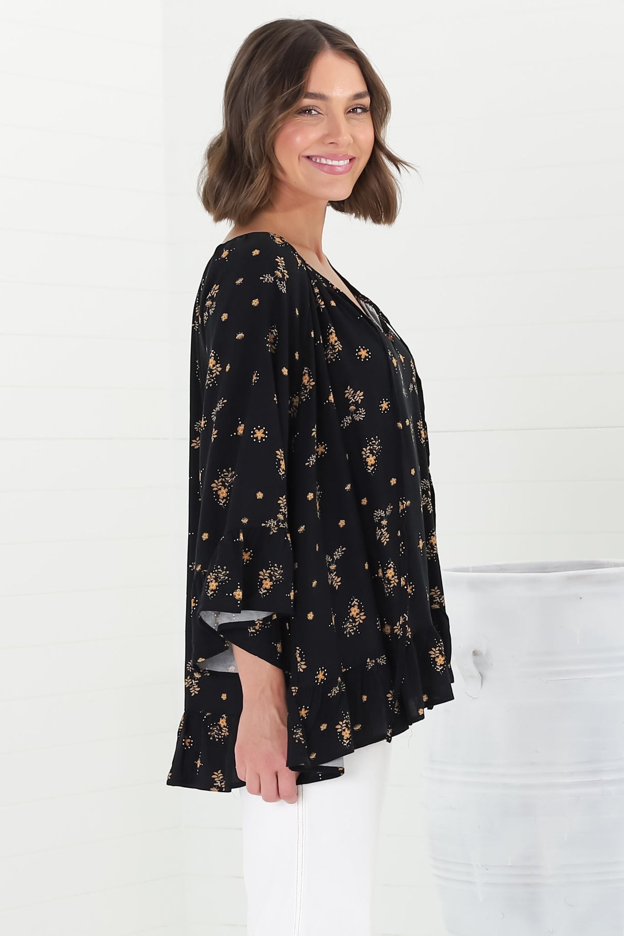 Shilo Top - V-Neck Smock Top with 3/4 Flute Sleeves in Melany Print Black