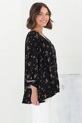 Shilo Top - V-Neck Smock Top with 3/4 Flute Sleeves in Melany Print Black