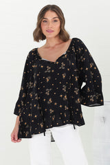 Shilo Top - V-Neck Smock Top with 3/4 Flute Sleeves in Melany Print Black