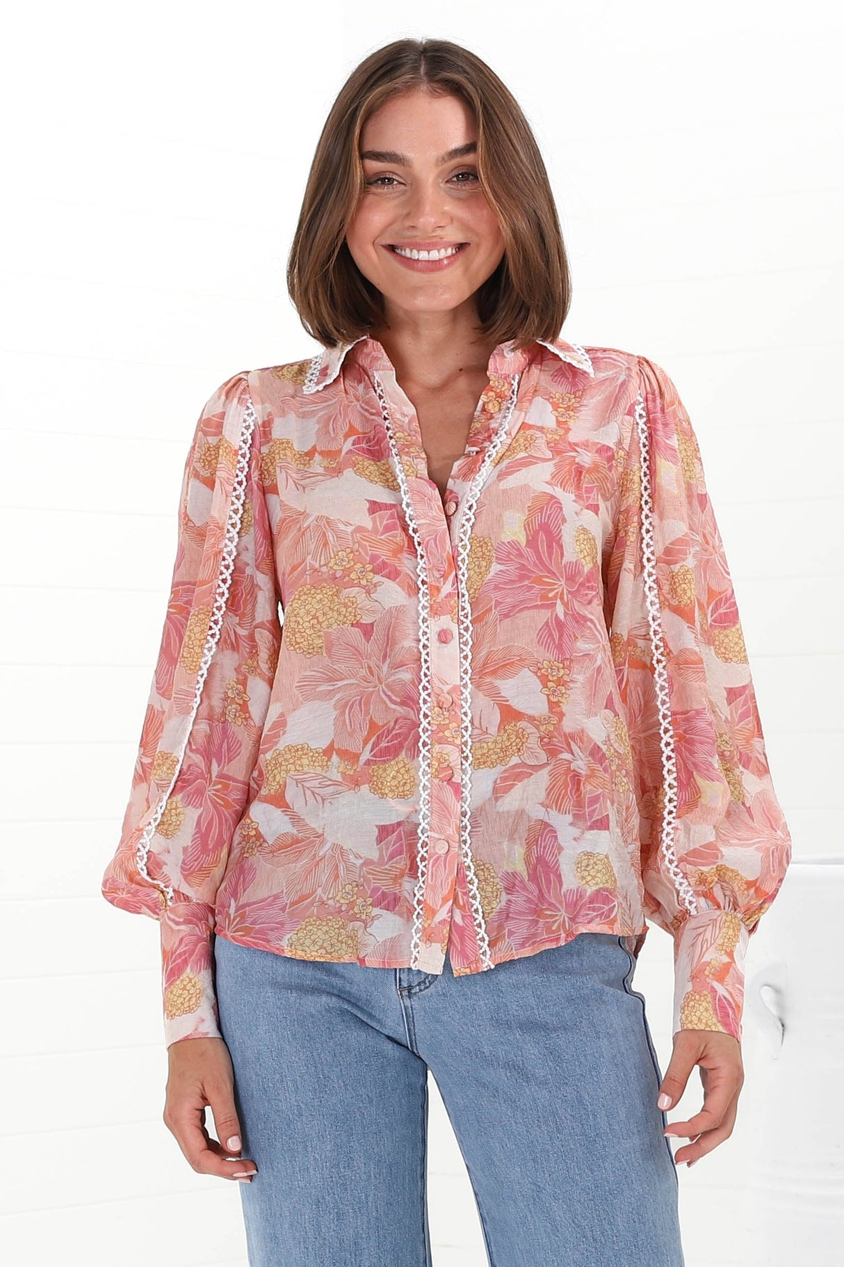 Shiloh Blouse - Contrast Trim Button Down Shirt in Lola Print