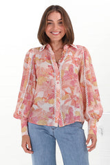 Shiloh Blouse - Contrast Trim Button Down Blouse in Lola Print