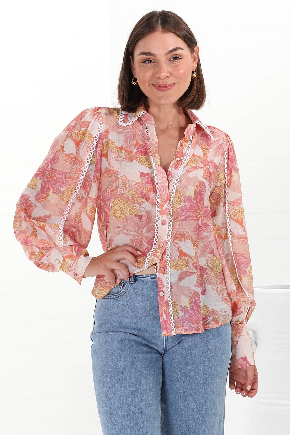 Shiloh Blouse - Contrast Trim Button Down Blouse in Lola Print