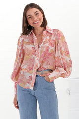 Shiloh Blouse - Contrast Trim Button Down Blouse in Lola Print