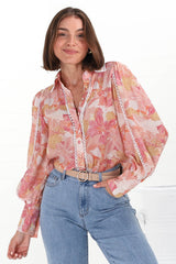 Shiloh Blouse - Contrast Trim Button Down Blouse in Lola Print