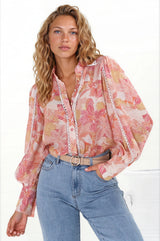 Shiloh Blouse - Contrast Trim Button Down Shirt in Lola Print