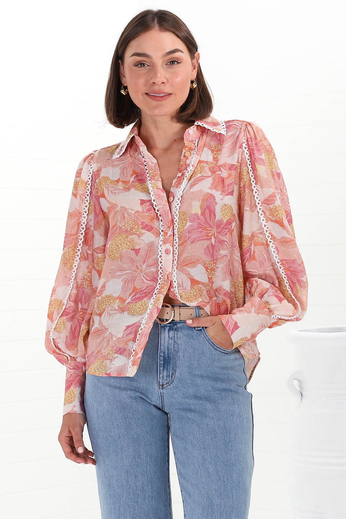 Shiloh Blouse - Contrast Trim Button Down Shirt in Lola Print