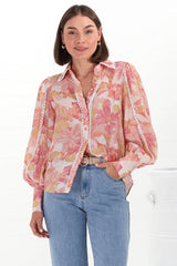 Shiloh Blouse - Contrast Trim Button Down Blouse in Lola Print