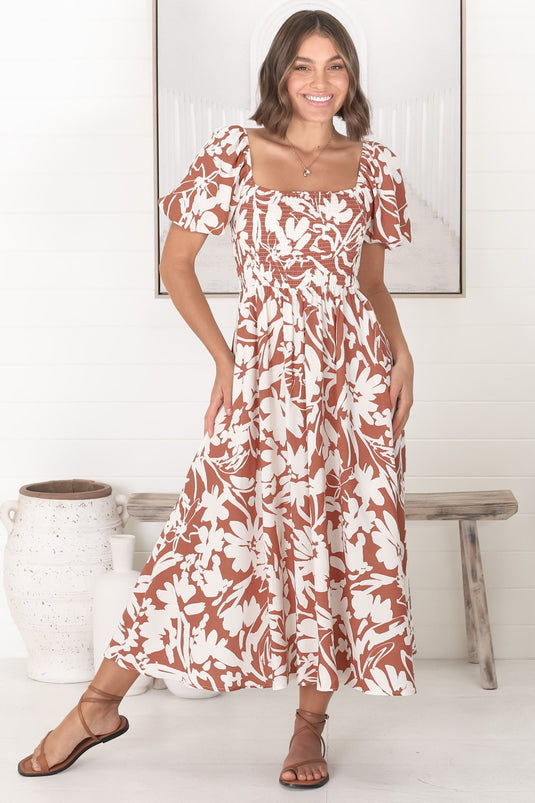 Shira Midi Dress - On Or Off Shoulder Elasticated Bodice Dress With Short Balloon Sleeves In Charis Print Rust