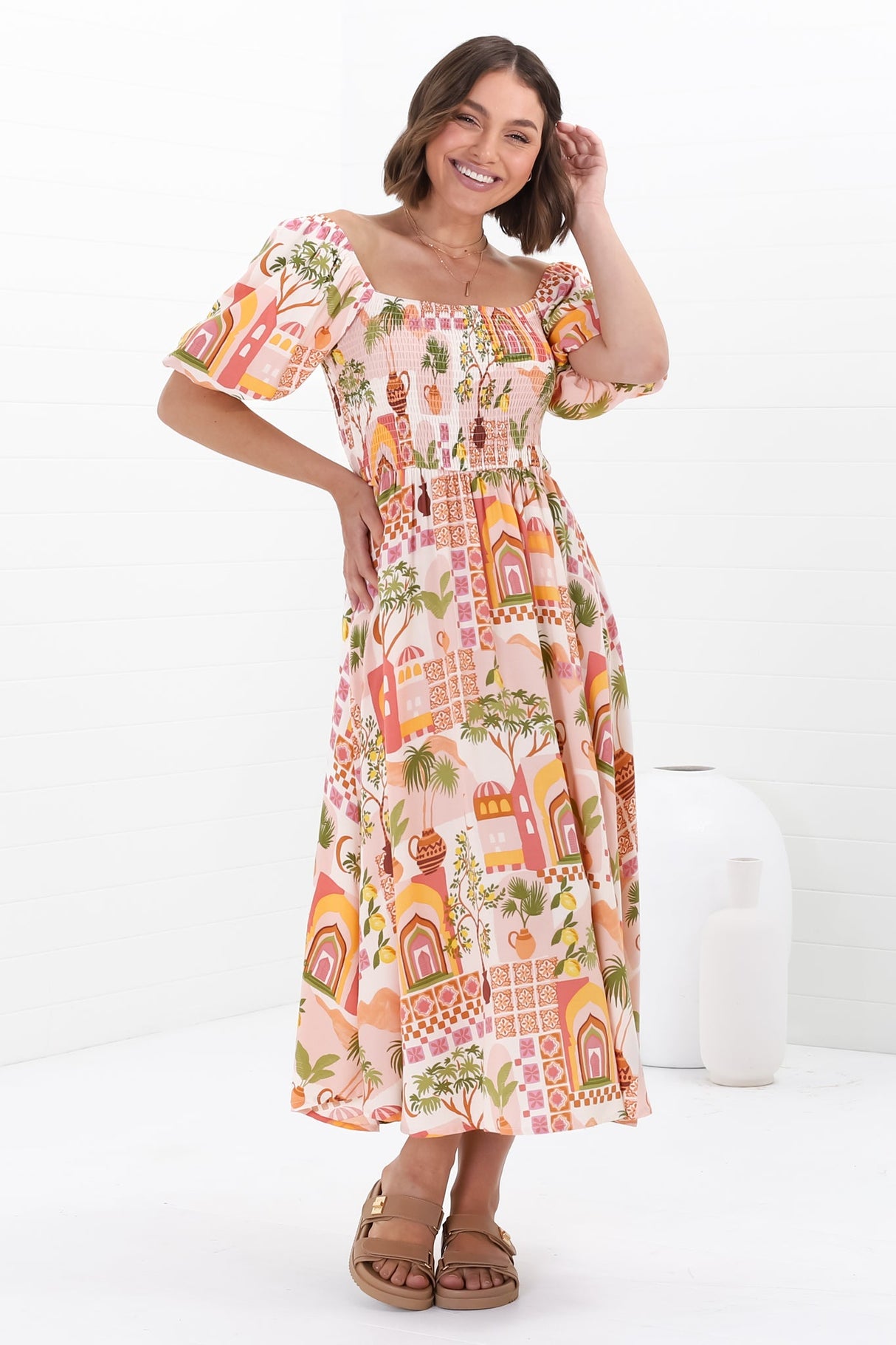 Shira Midi Dress - On Or Off Shoulder Elasticated Bodice Dress With Short Balloon Sleeves In Baroa Print