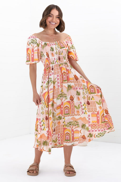 Shira Midi Dress - On Or Off Shoulder Elasticated Bodice Dress With Short Balloon Sleeves In Baroa Print