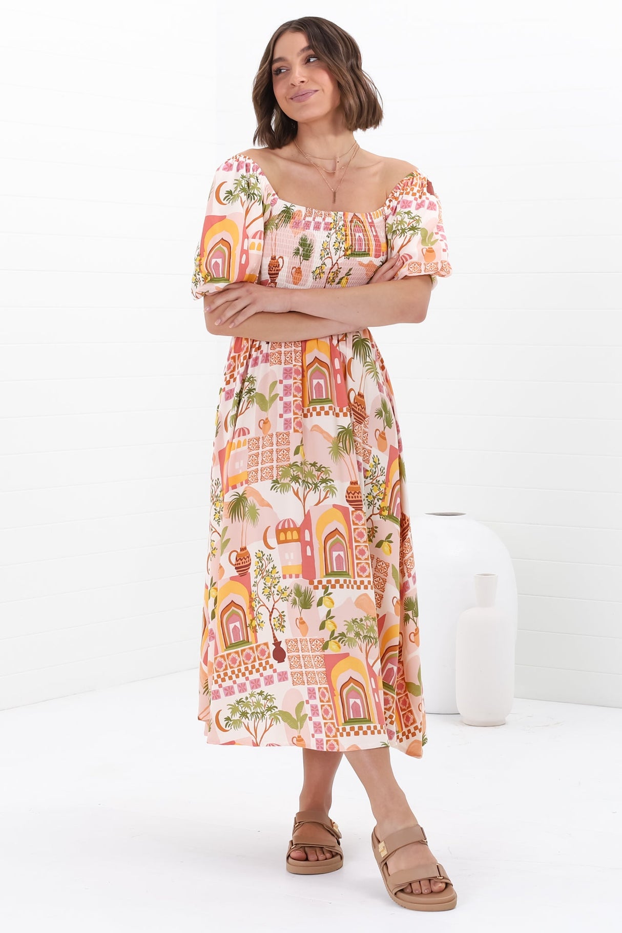 Shira Midi Dress - On Or Off Shoulder Elasticated Bodice Dress With Short Balloon Sleeves In Baroa Print