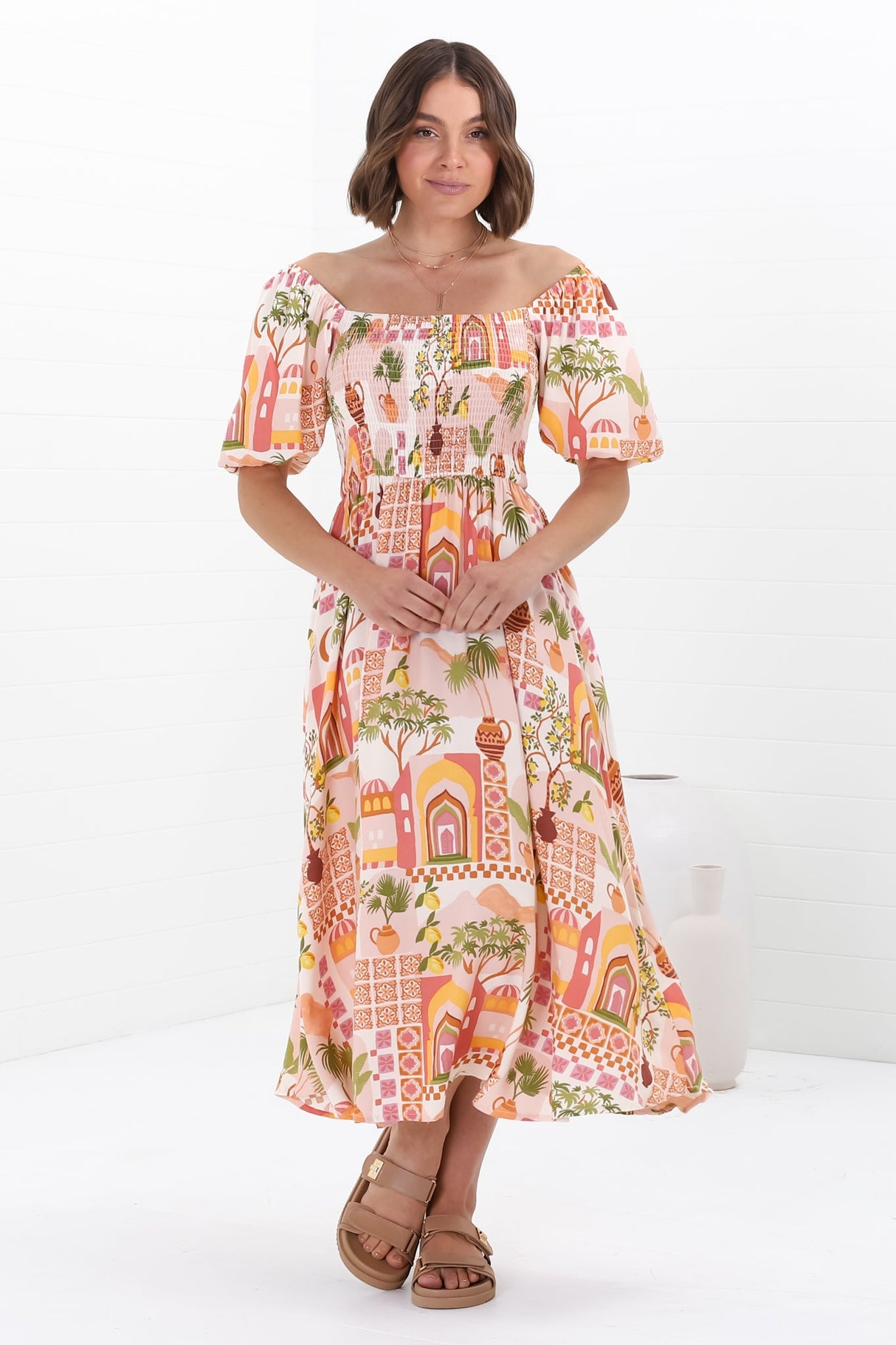 Shira Midi Dress - On Or Off Shoulder Elasticated Bodice Dress With Short Balloon Sleeves In Baroa Print