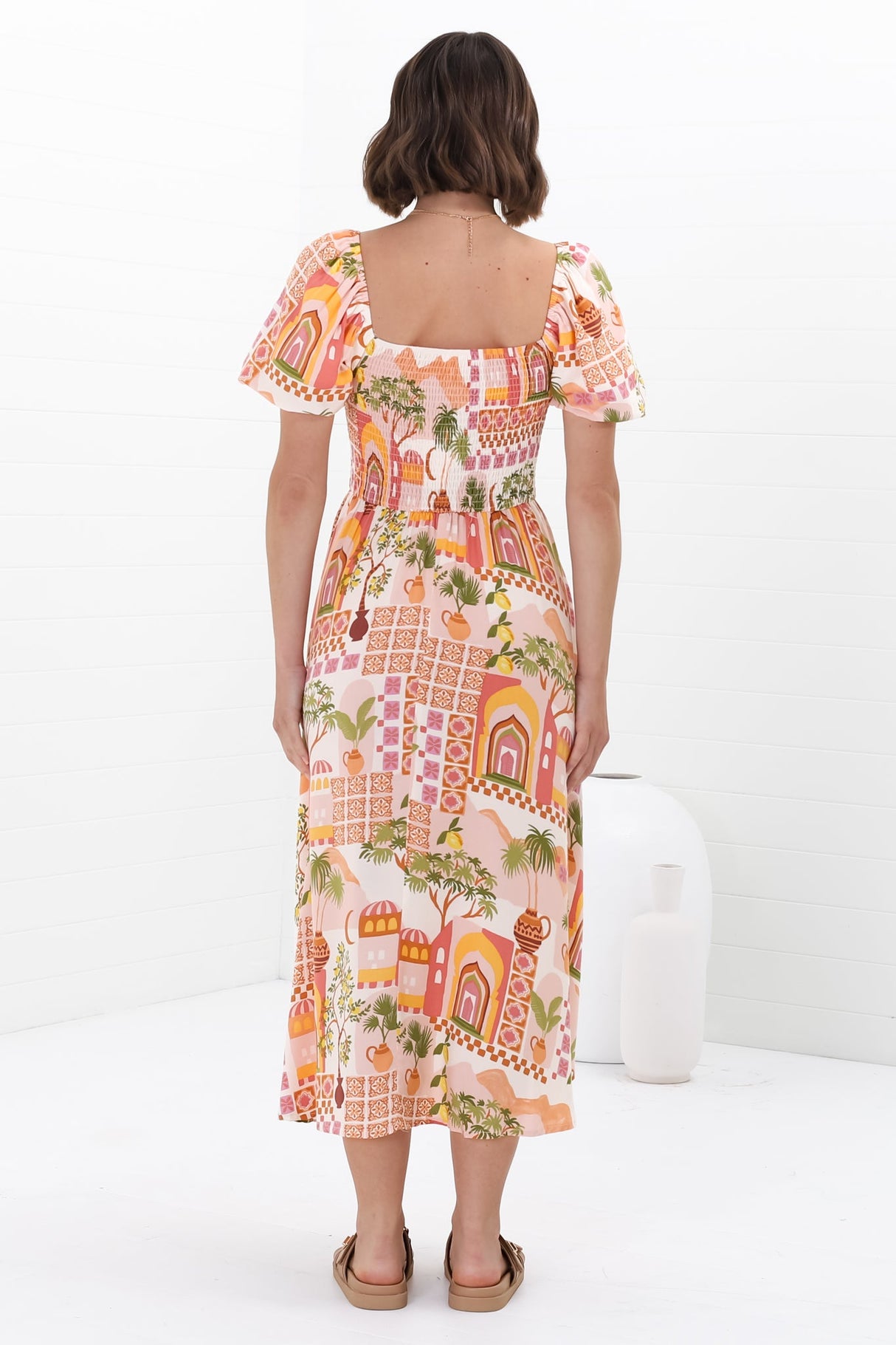 Shira Midi Dress - On Or Off Shoulder Elasticated Bodice Dress With Short Balloon Sleeves In Baroa Print