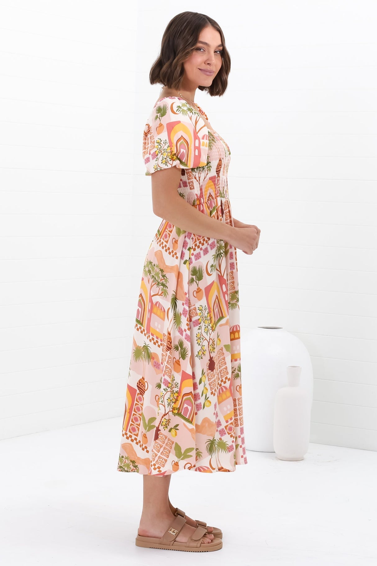 Shira Midi Dress - On Or Off Shoulder Elasticated Bodice Dress With Short Balloon Sleeves In Baroa Print