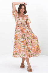 Shira Midi Dress - On Or Off Shoulder Elasticated Bodice Dress With Short Balloon Sleeves In Baroa Print