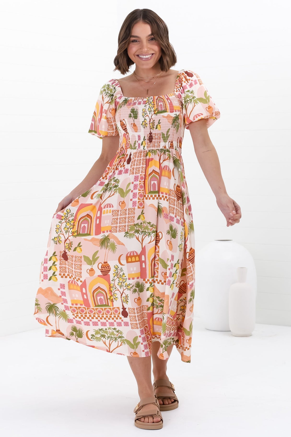 Shira Midi Dress - On Or Off Shoulder Elasticated Bodice Dress With Short Balloon Sleeves In Baroa Print