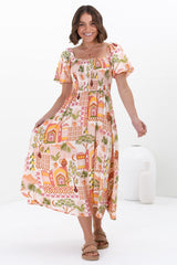 Shira Midi Dress - On Or Off Shoulder Elasticated Bodice Dress With Short Balloon Sleeves In Baroa Print