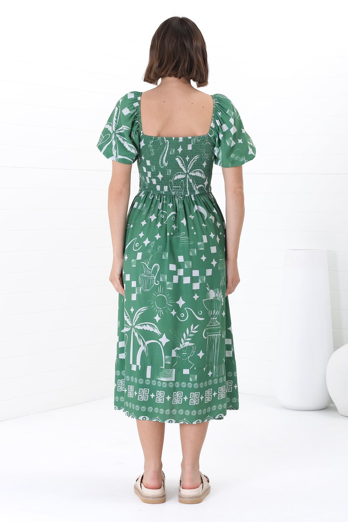 Shira Midi Dress - On Or Off Shoulder Elasticated Bodice Dress With Short Balloon Sleeves In Embry Print Green