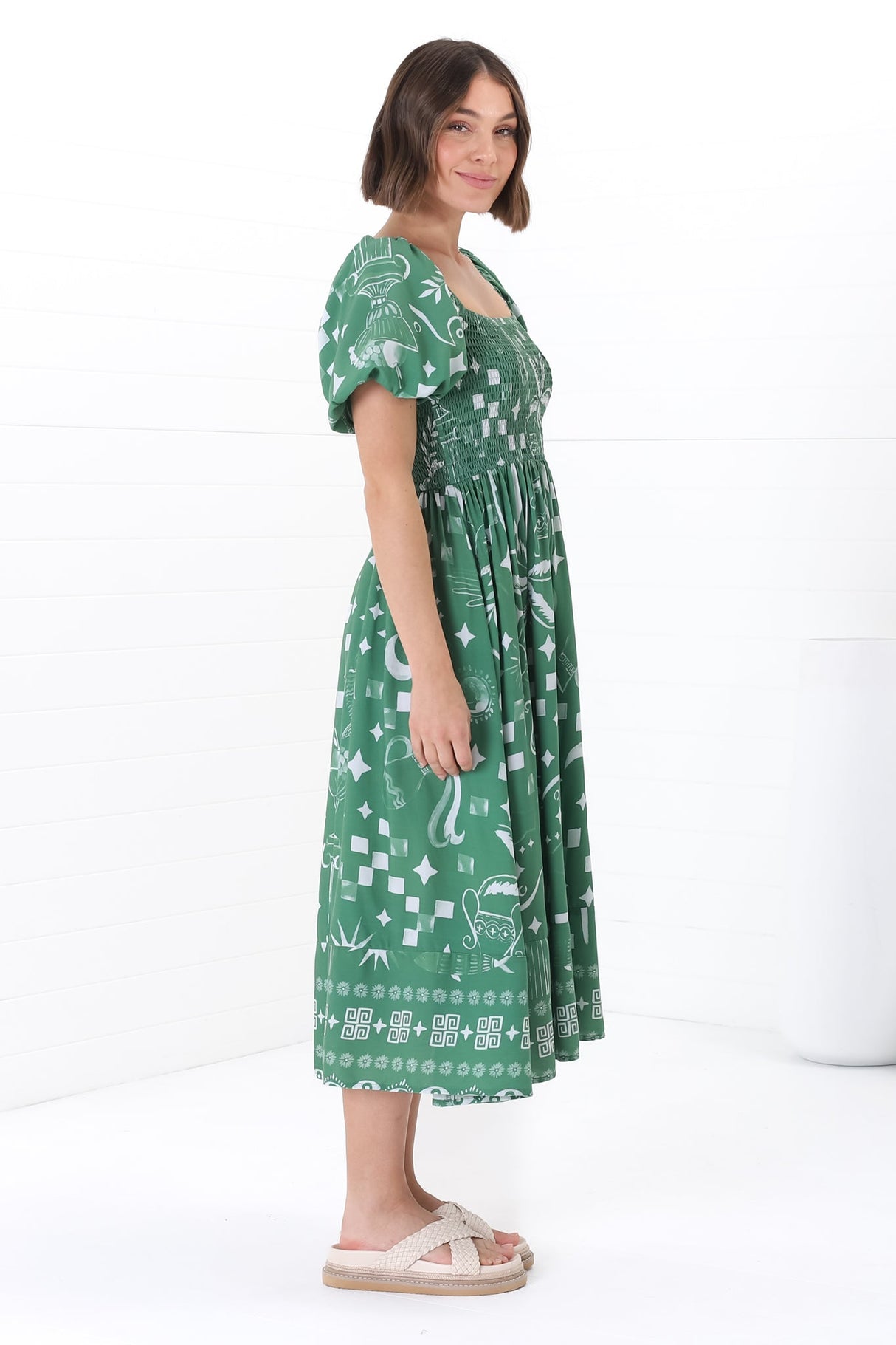 Shira Midi Dress - On Or Off Shoulder Elasticated Bodice Dress With Short Balloon Sleeves In Embry Print Green