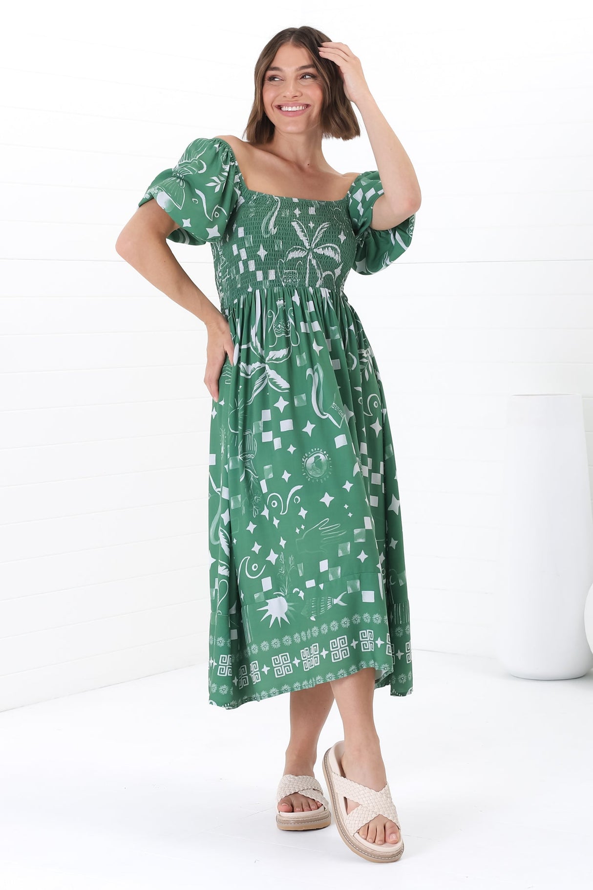 Shira Midi Dress - On Or Off Shoulder Elasticated Bodice Dress With Short Balloon Sleeves In Embry Print Green