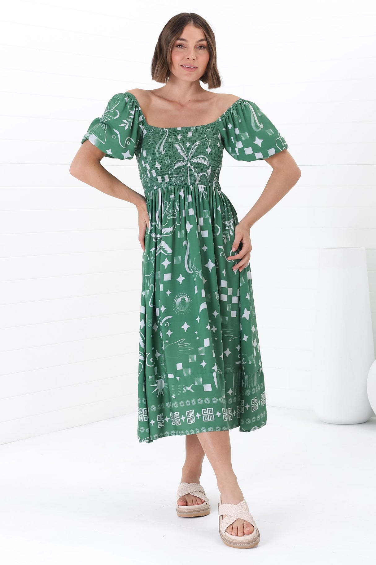 Shira Midi Dress - On Or Off Shoulder Elasticated Bodice Dress With Short Balloon Sleeves In Embry Print Green