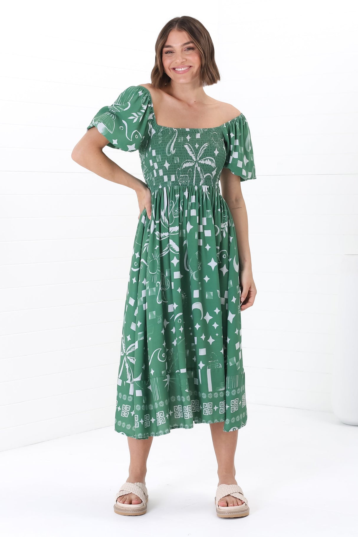 Shira Midi Dress - On Or Off Shoulder Elasticated Bodice Dress With Short Balloon Sleeves In Embry Print Green