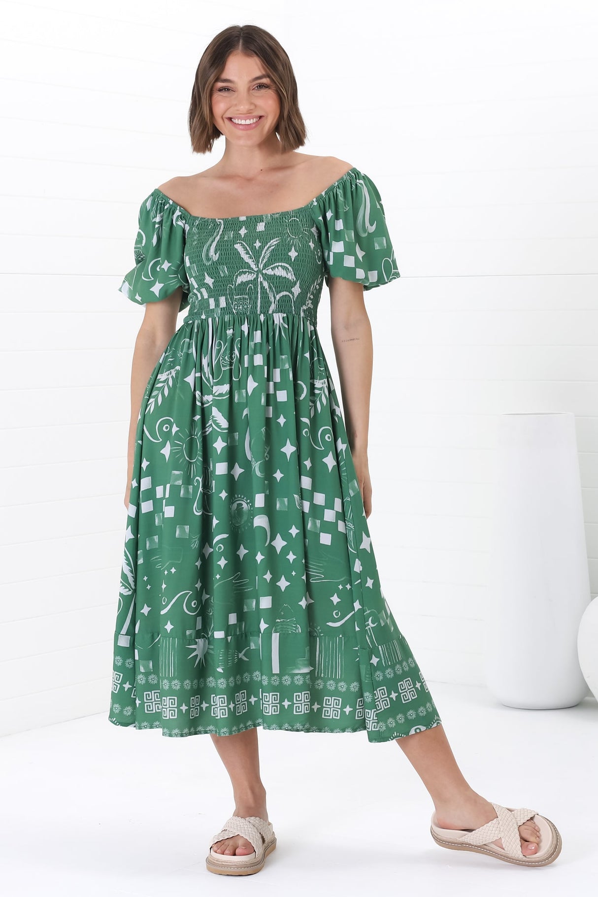 Shira Midi Dress - On Or Off Shoulder Elasticated Bodice Dress With Short Balloon Sleeves In Embry Print Green