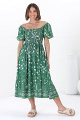 Shira Midi Dress - On Or Off Shoulder Elasticated Bodice Dress With Short Balloon Sleeves In Embry Print Green