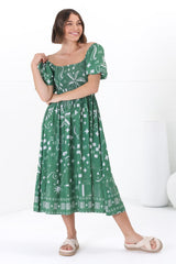 Shira Midi Dress - On Or Off Shoulder Elasticated Bodice Dress With Short Balloon Sleeves In Embry Print Green