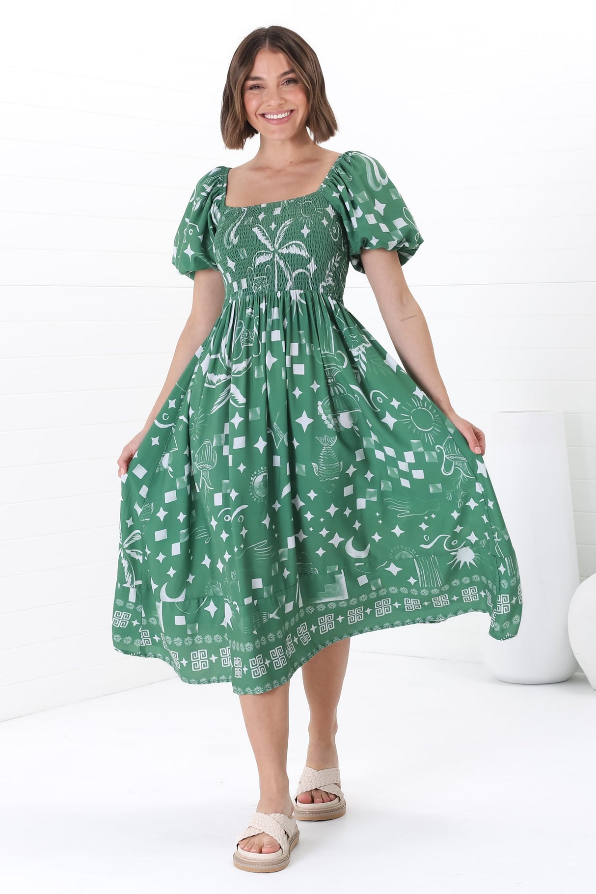 Shira Midi Dress - On Or Off Shoulder Elasticated Bodice Dress With Short Balloon Sleeves In Embry Print Green