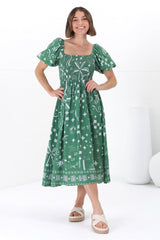 Shira Midi Dress - On Or Off Shoulder Elasticated Bodice Dress With Short Balloon Sleeves In Embry Print Green