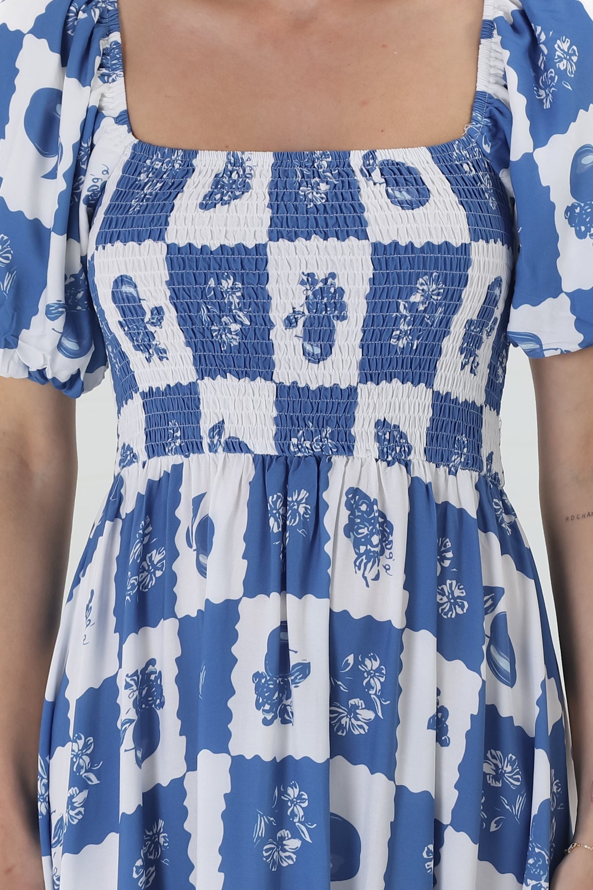 Shira Midi Dress - On Or Off Shoulder Elasticated Bodice Dress With Short Balloon Sleeves In Flux Print Blue