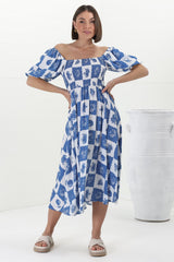 Shira Midi Dress - On Or Off Shoulder Elasticated Bodice Dress With Short Balloon Sleeves In Flux Print Blue