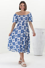 Shira Midi Dress - On Or Off Shoulder Elasticated Bodice Dress With Short Balloon Sleeves In Flux Print Blue