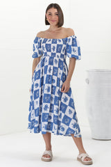 Shira Midi Dress - On Or Off Shoulder Elasticated Bodice Dress With Short Balloon Sleeves In Flux Print Blue