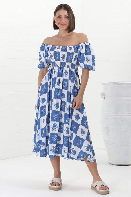 Shira Midi Dress - On Or Off Shoulder Elasticated Bodice Dress With Short Balloon Sleeves In Flux Print Blue