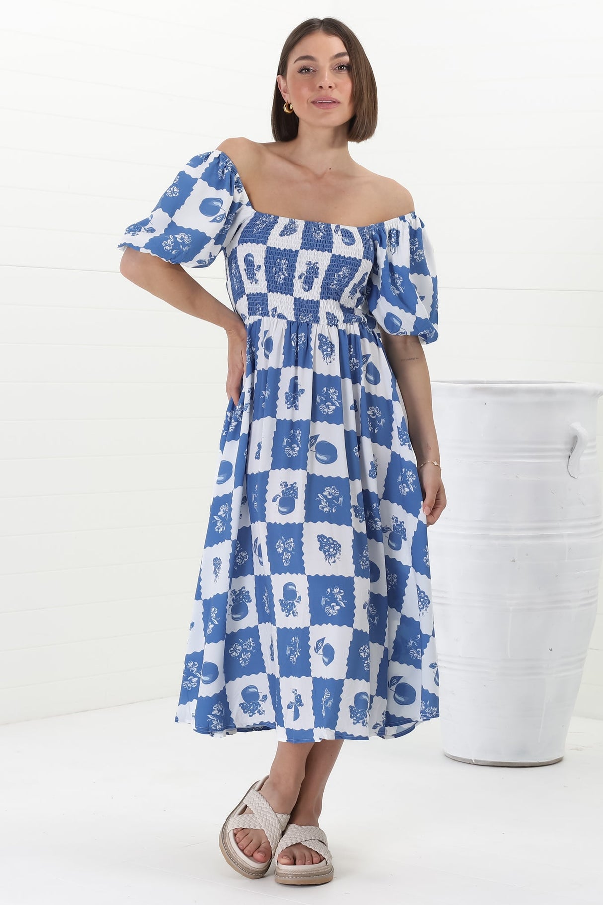 Shira Midi Dress - On Or Off Shoulder Elasticated Bodice Dress With Short Balloon Sleeves In Flux Print Blue