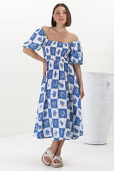 Shira Midi Dress - On Or Off Shoulder Elasticated Bodice Dress With Short Balloon Sleeves In Flux Print Blue