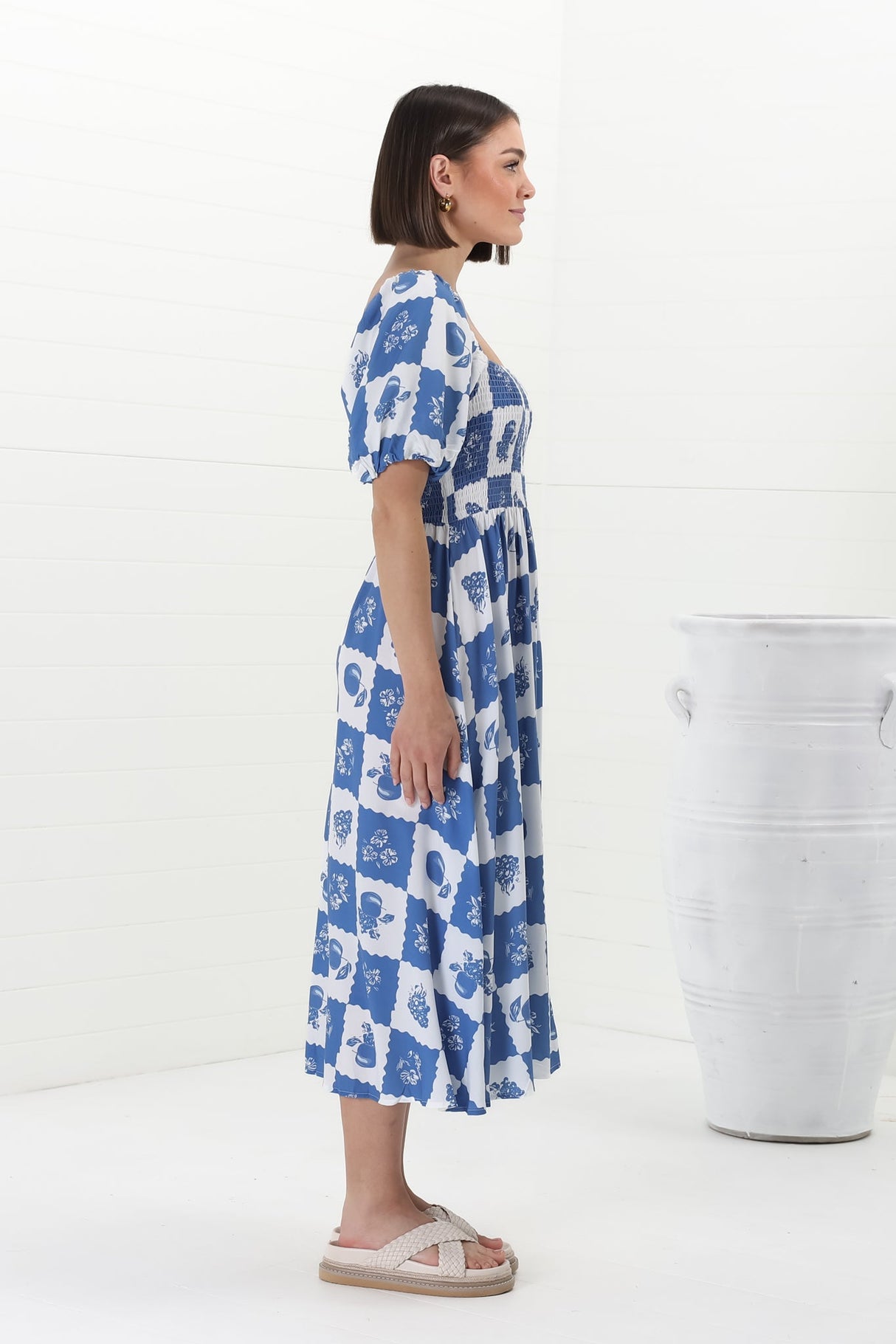 Shira Midi Dress - On Or Off Shoulder Elasticated Bodice Dress With Short Balloon Sleeves In Flux Print Blue