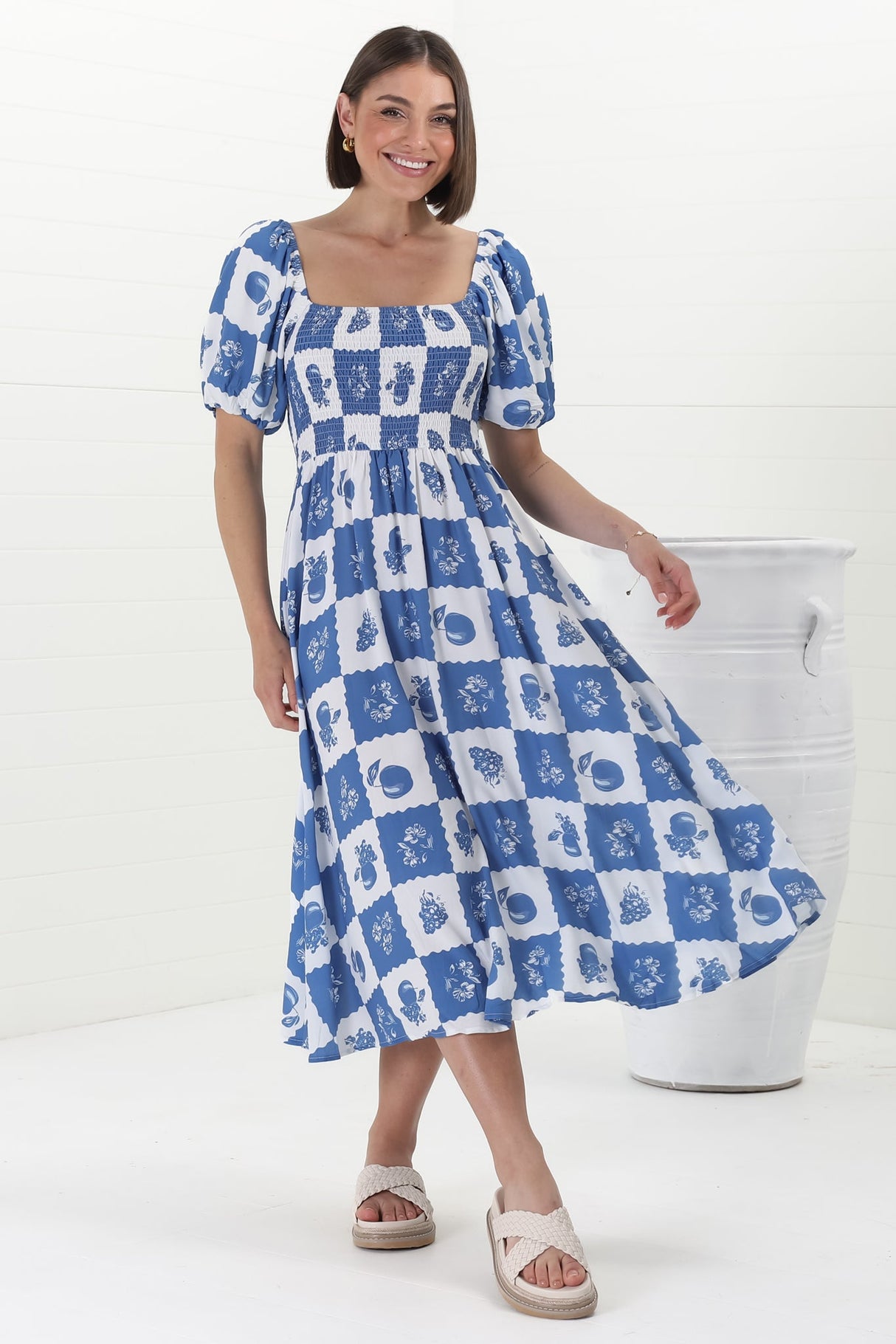 Shira Midi Dress - On Or Off Shoulder Elasticated Bodice Dress With Short Balloon Sleeves In Flux Print Blue