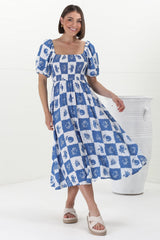 Shira Midi Dress - On Or Off Shoulder Elasticated Bodice Dress With Short Balloon Sleeves In Flux Print Blue