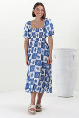 Shira Midi Dress - On Or Off Shoulder Elasticated Bodice Dress With Short Balloon Sleeves In Flux Print Blue