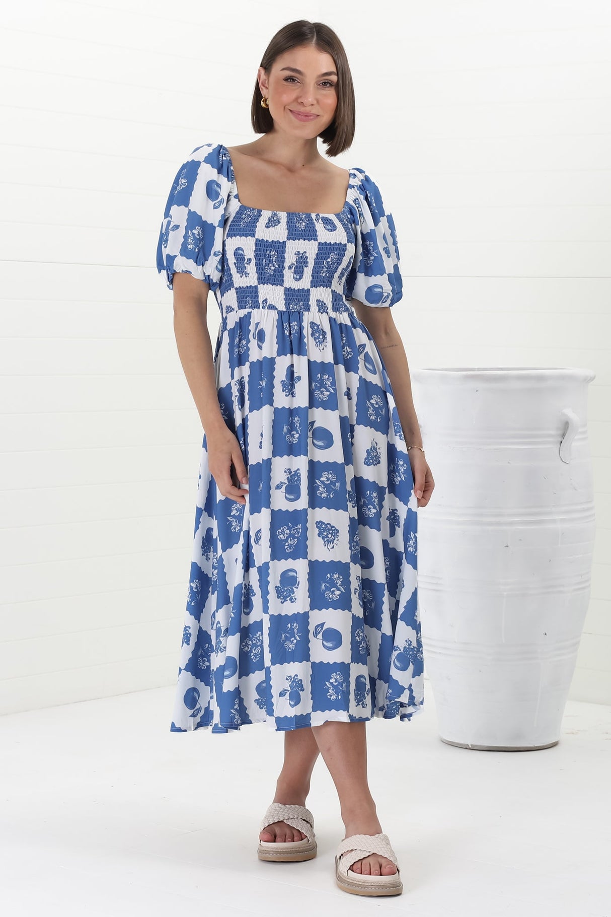 Shira Midi Dress - On Or Off Shoulder Elasticated Bodice Dress With Short Balloon Sleeves In Flux Print Blue