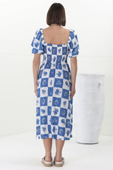 Shira Midi Dress - On Or Off Shoulder Elasticated Bodice Dress With Short Balloon Sleeves In Flux Print Blue