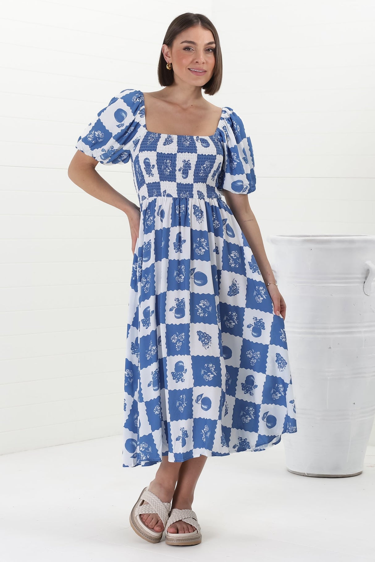 Shira Midi Dress - On Or Off Shoulder Elasticated Bodice Dress With Short Balloon Sleeves In Flux Print Blue